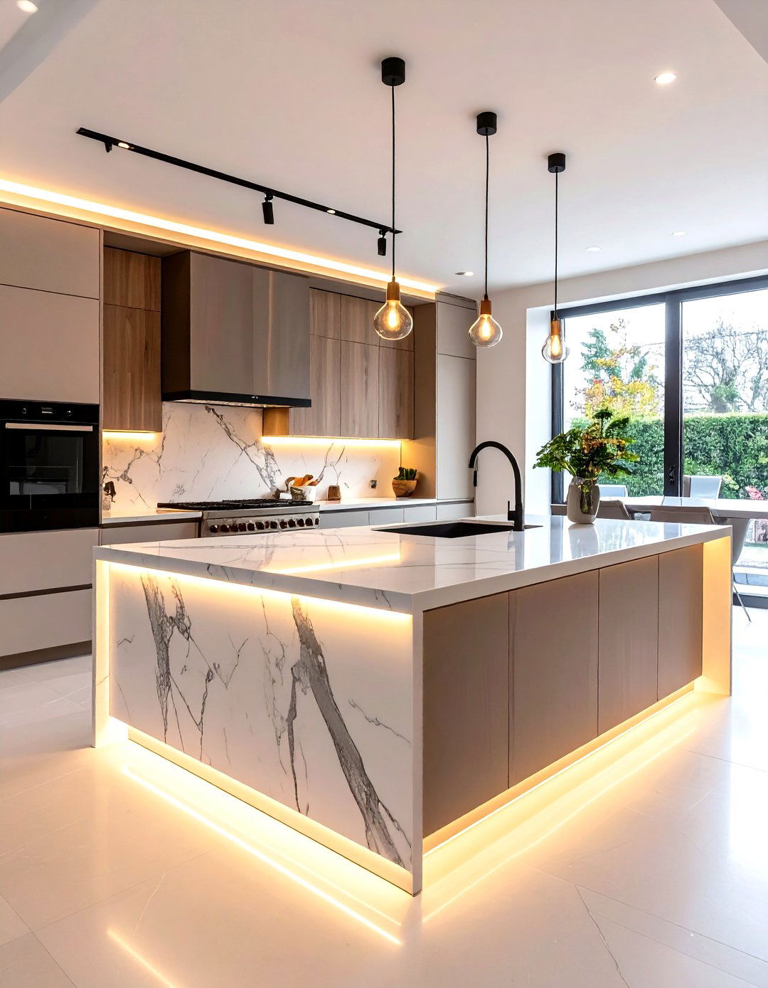 LED Lit Waterfall Marble Kitchen Island - 20 Marble Kitchen Island Ideas