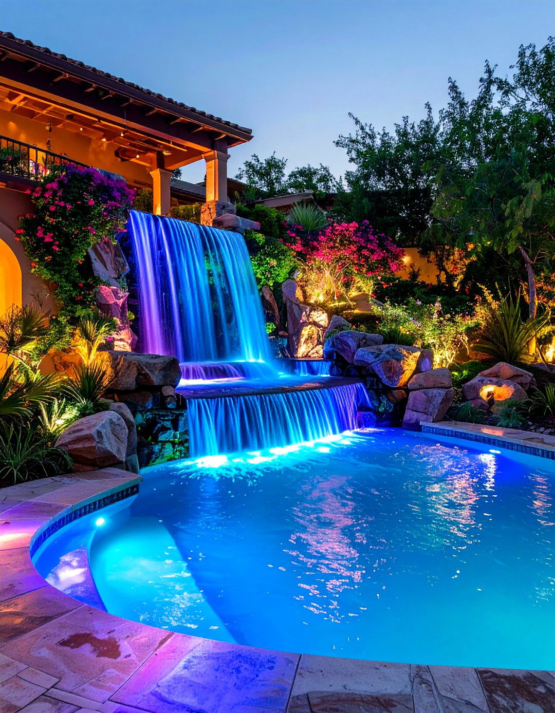 LED Lit Waterfalls - 20 Small Pool Waterfall Ideas