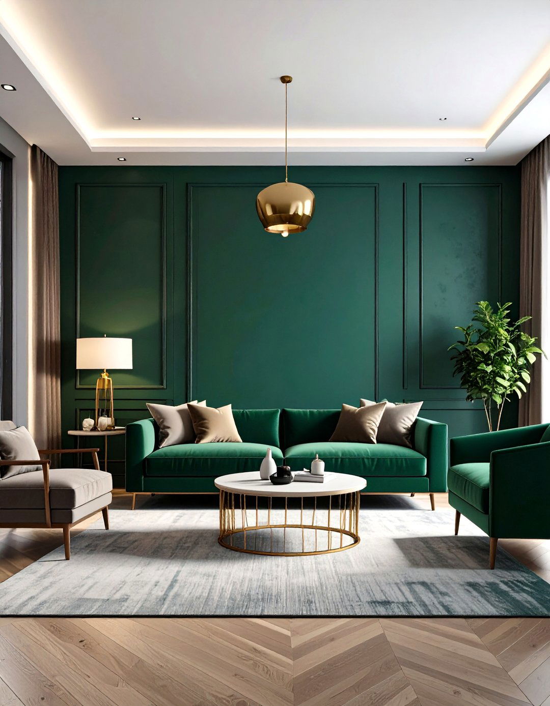 LED Wash Lighting Against a Dark Green Accent Wall - 20 Dark Green Accent Wall Ideas