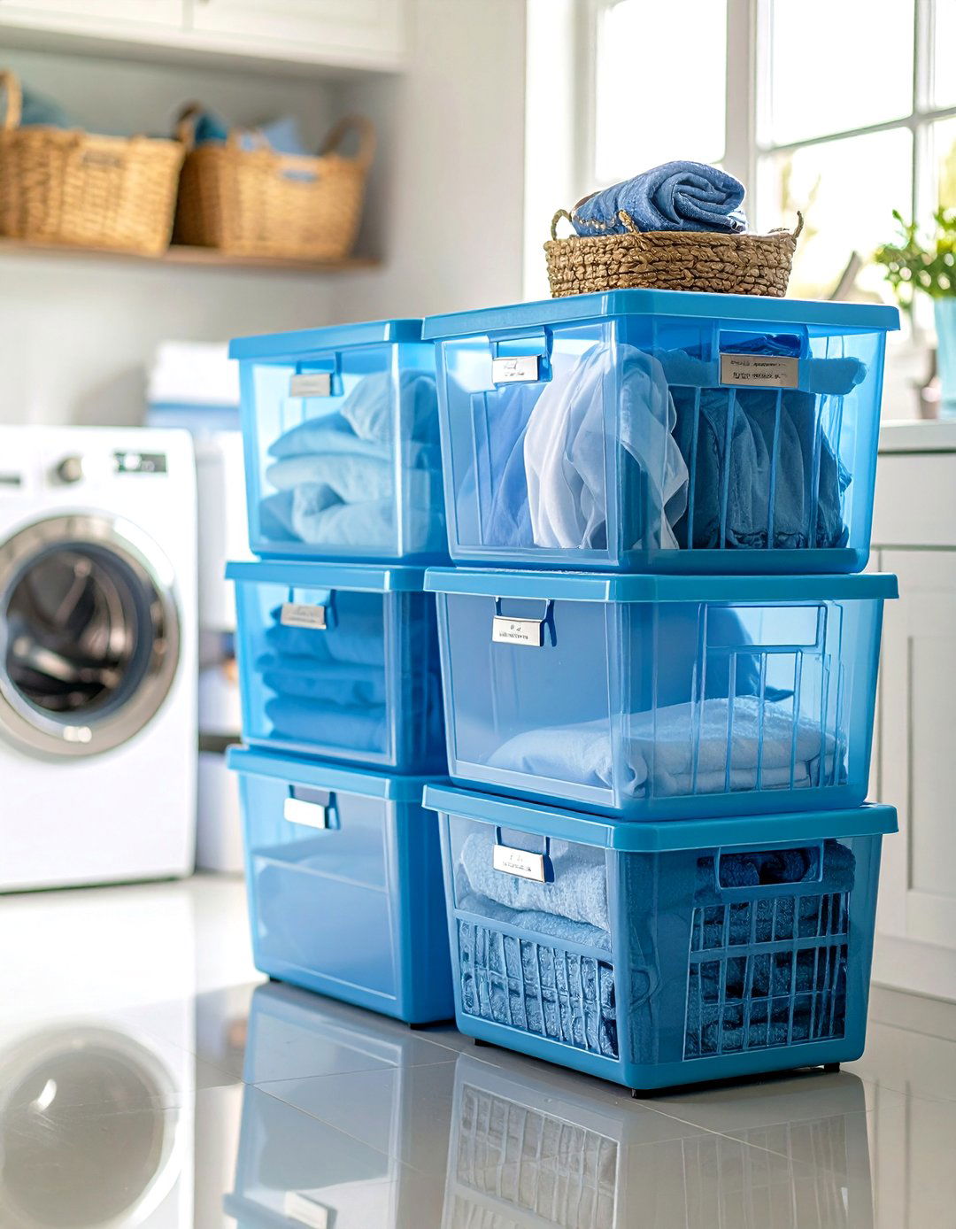 Labeled Clear Bin Laundry Detergent Storage System - 20 Laundry Detergent Storage Ideas