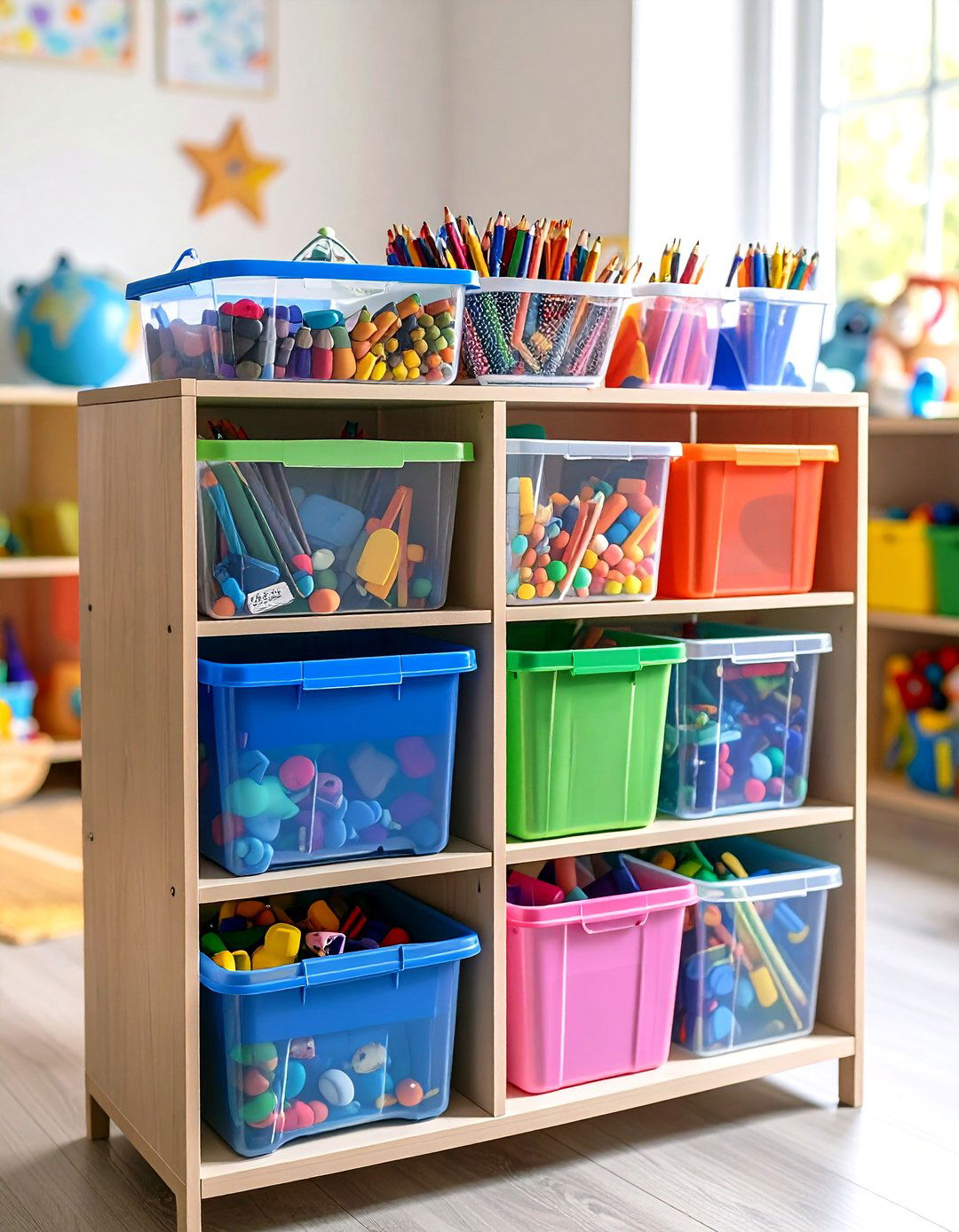 Labelled Toy Bins for Playroom Storage - 20 Playroom Storage Ideas