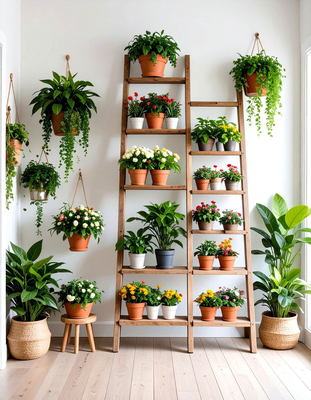 Ladder Display Indoor Plant Wall Arrangement - 20 Indoor Plant Wall Ideas