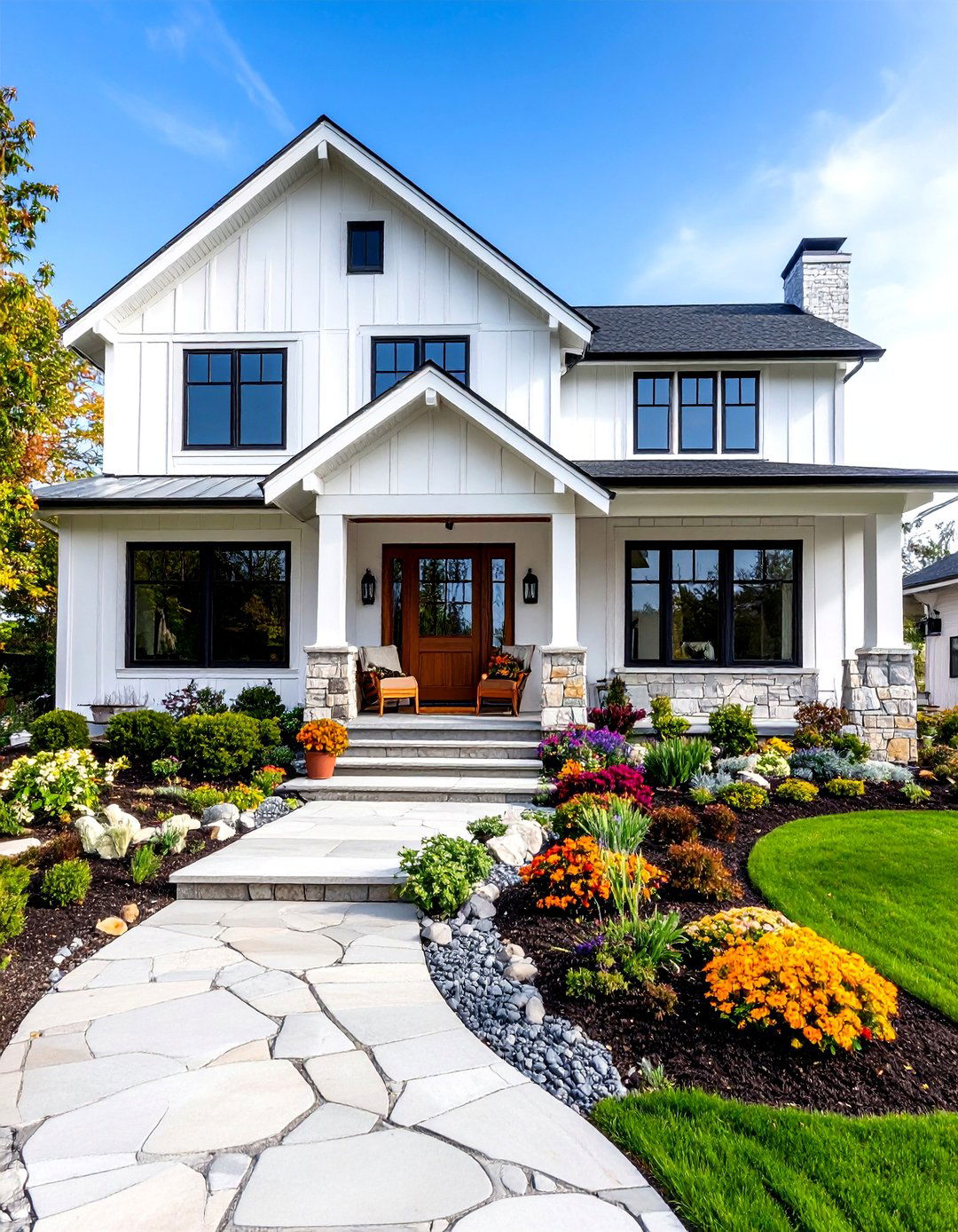 Landscape Integration White Farmhouse With Black Windows Design - 20 White Farmhouse With Black Windows Ideas