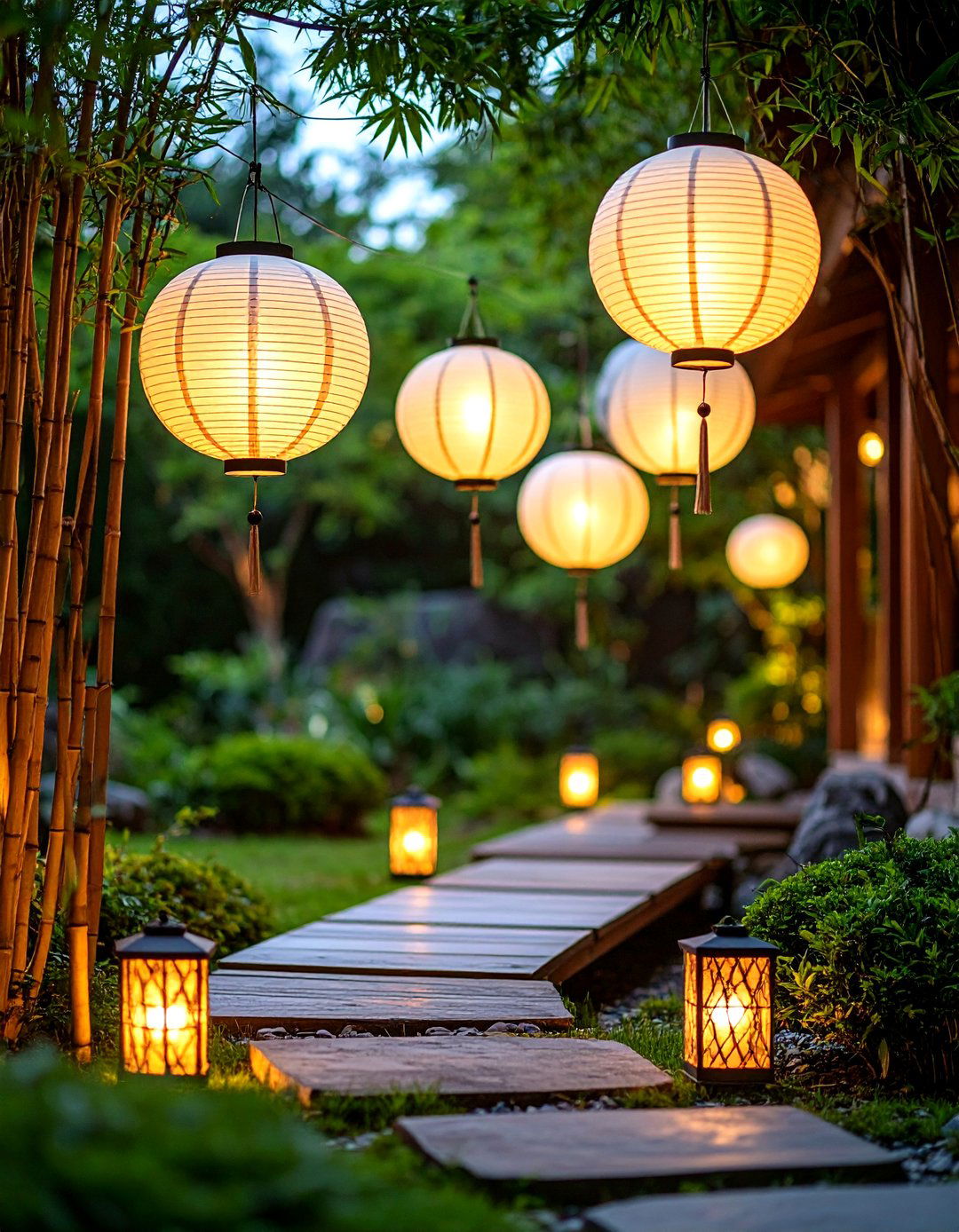 Lantern Patio String Light Asian Inspired Zen Garden - 20 Patio String Light Ideas