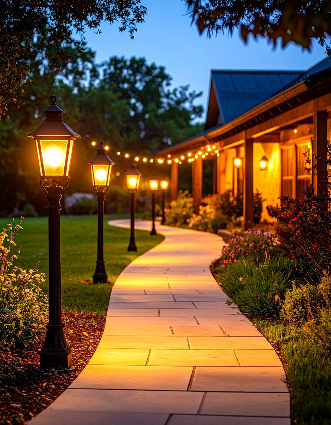 Lantern Post Lit Walkway for Night Time Welcome - 20 Farmhouse Walkway Ideas