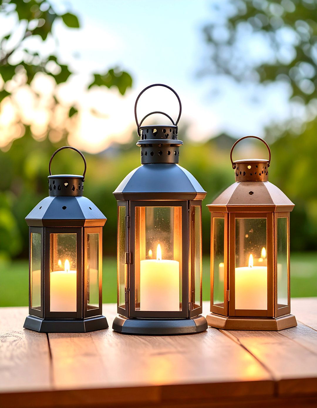 Lantern Trio for Al Fresco Evenings - 20 Dining Table Centerpiece Ideas
