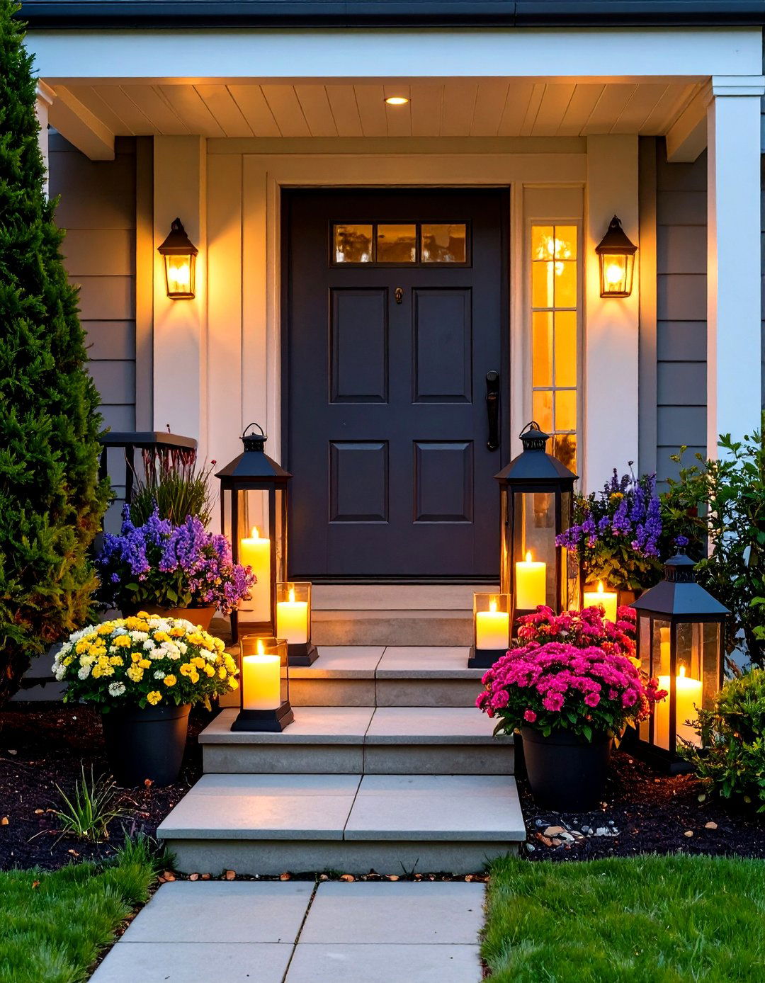 Lantern and Florals Display - 20 Spring Front Door Decor Ideas