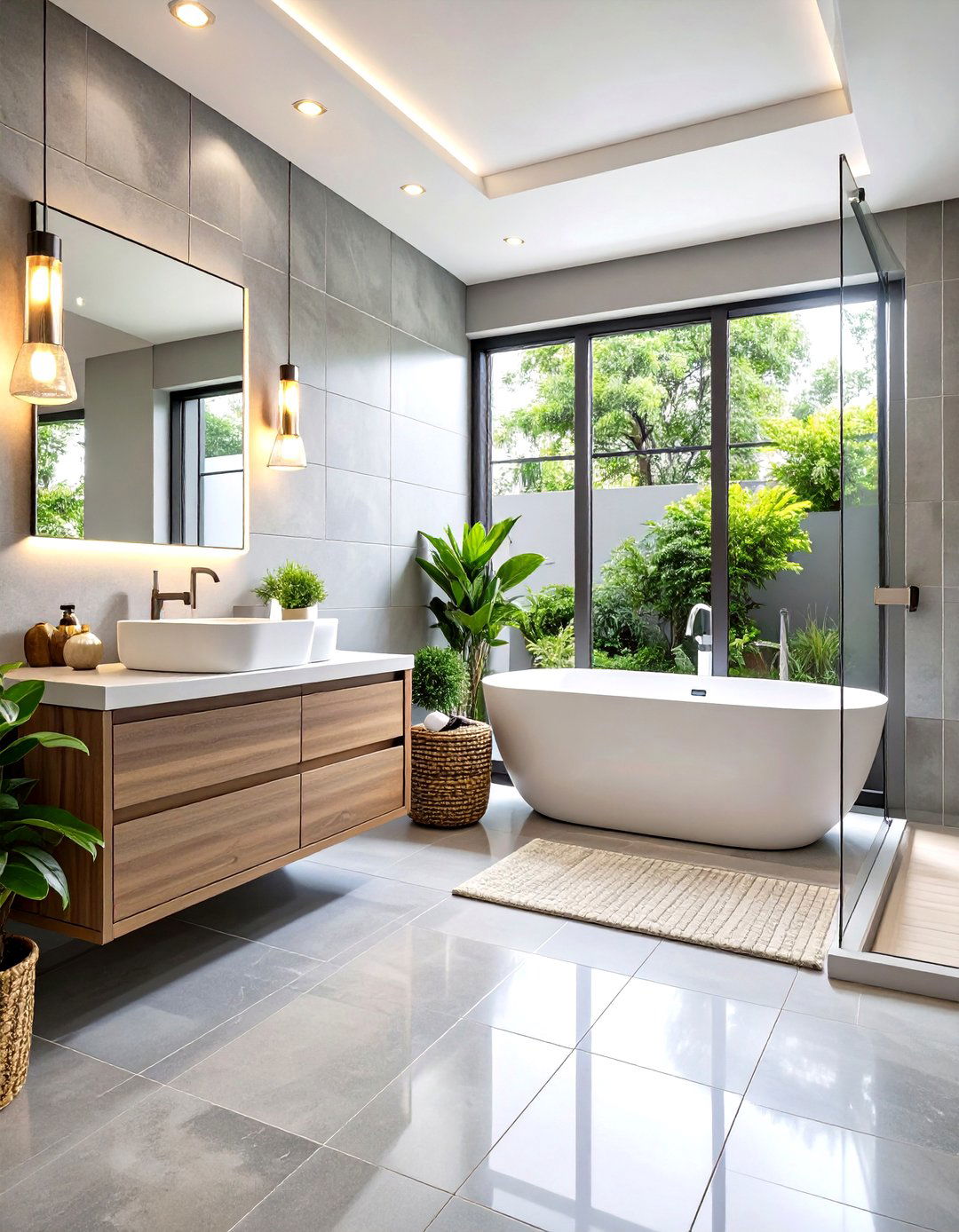 Large Format Matte Grey Tile Continuity - 20 Grey Tile Bathroom Ideas