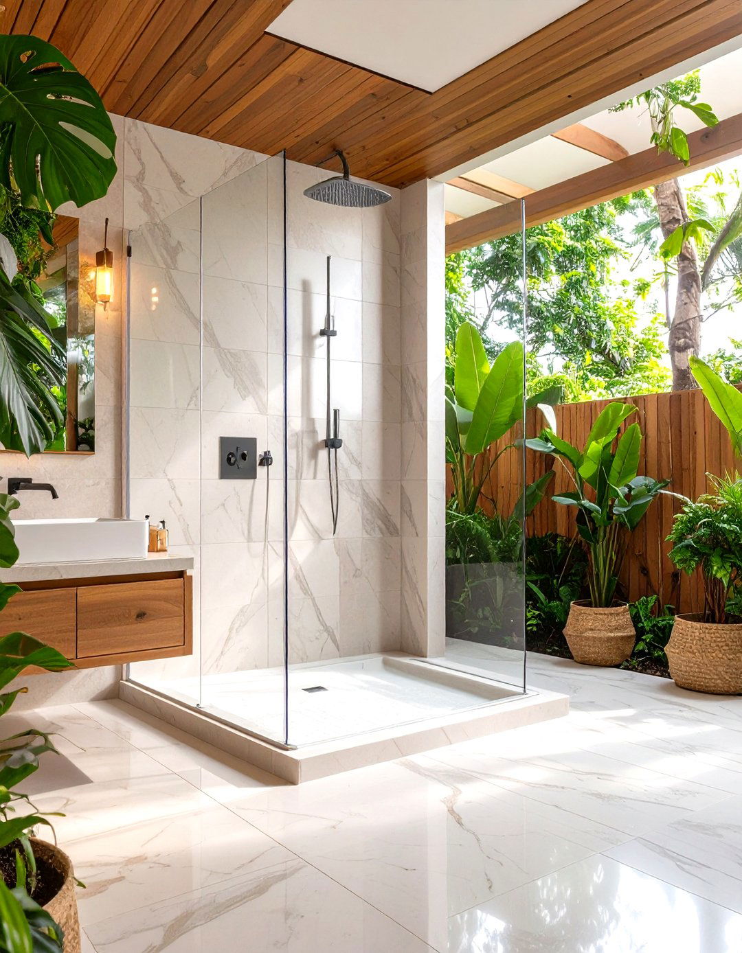 Large Format Tile Wrapped Doorless Walk In Shower - 20 Doorless Walk In Shower Ideas