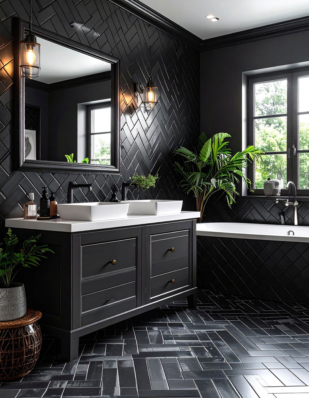 Lay Dark Patterned Tile for Visual Depth - 20 Gothic Bathroom Ideas
