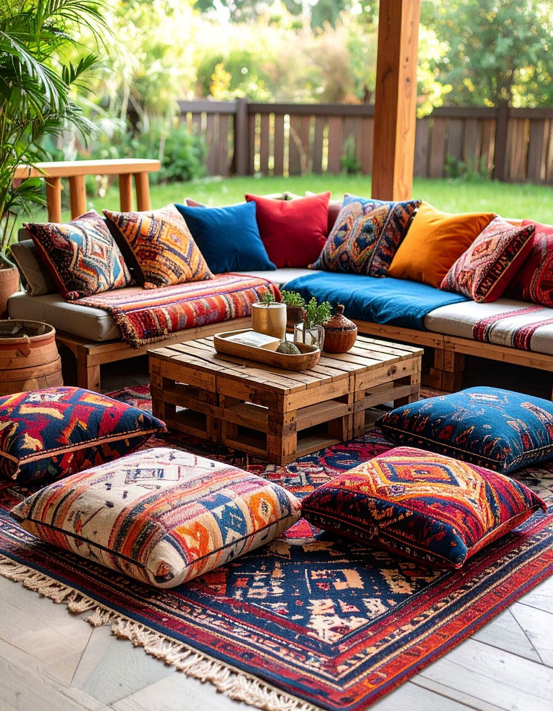 Layer Cushions and Rugs for a Floor Lounge - 20 Boho Garden Ideas