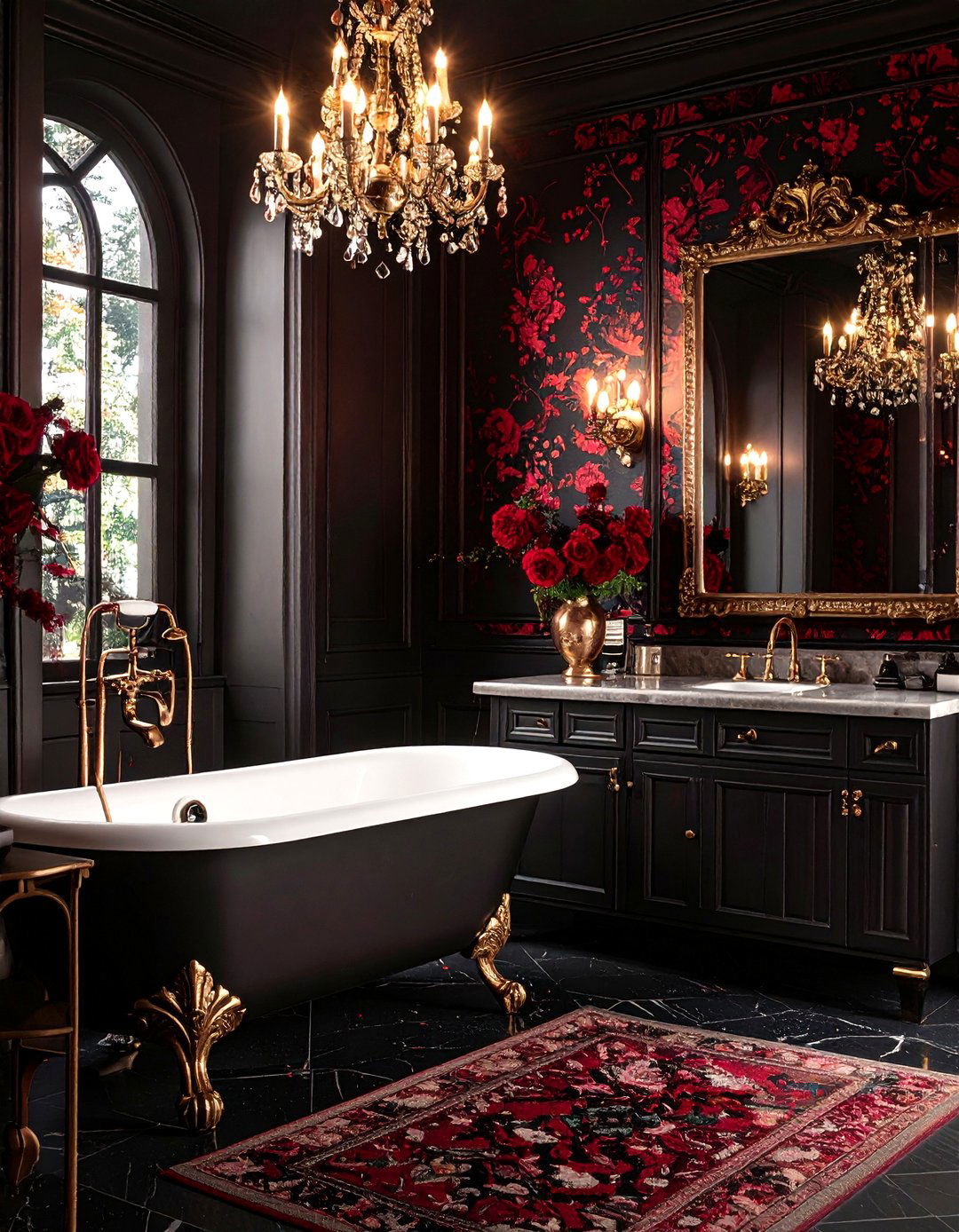 Layer Damask Wallpaper for Dark Romance - 20 Gothic Bathroom Ideas