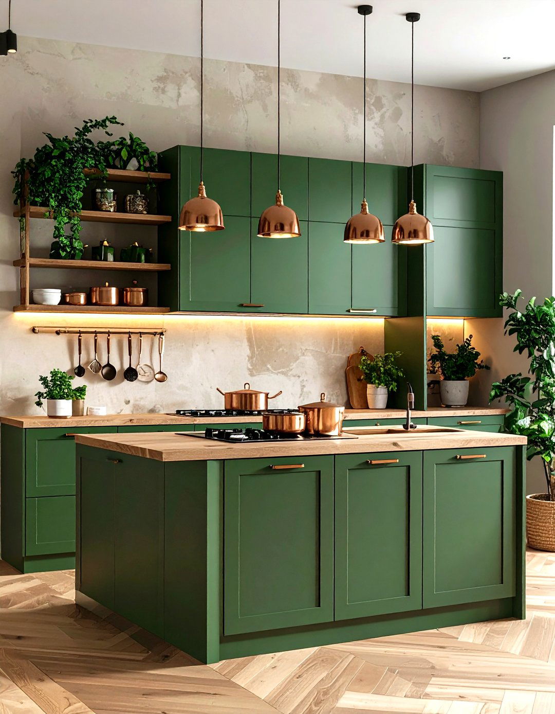 Layer Forest Green with Warm Wood Shelving - 20 Forest Green Kitchen Ideas