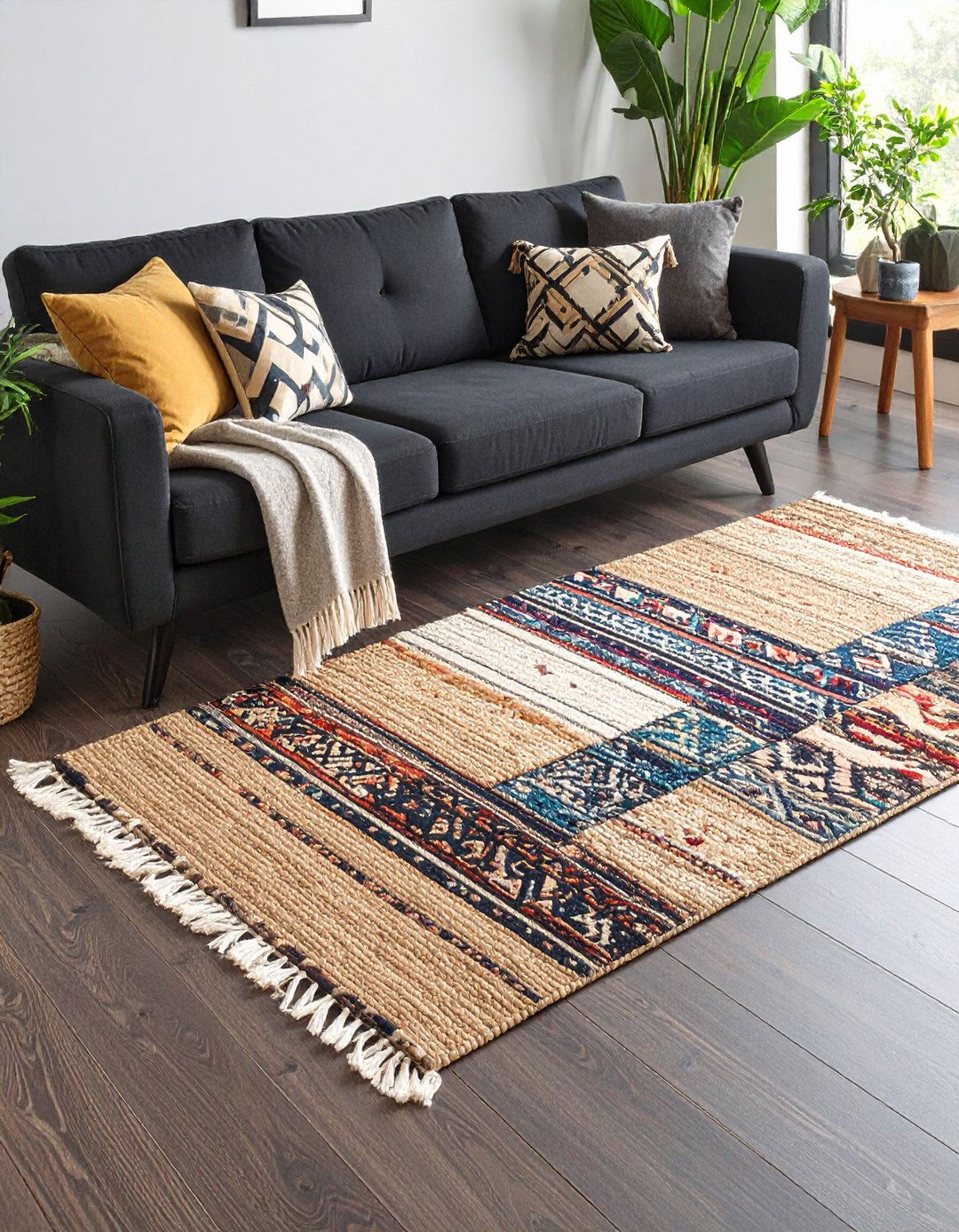 Layer Neutral Rugs on Dark Stained Floors - 20 Black Boho Living Room Ideas