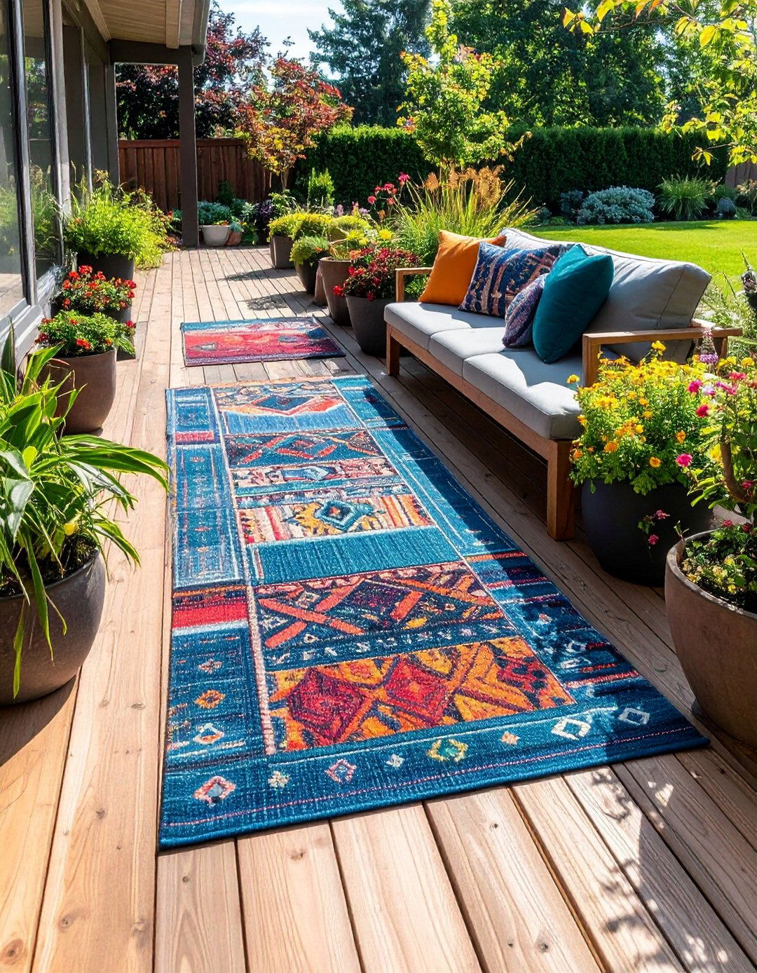 Layer Outdoor Kilim Rugs for Instant Warmth - 20 Boho Garden Ideas