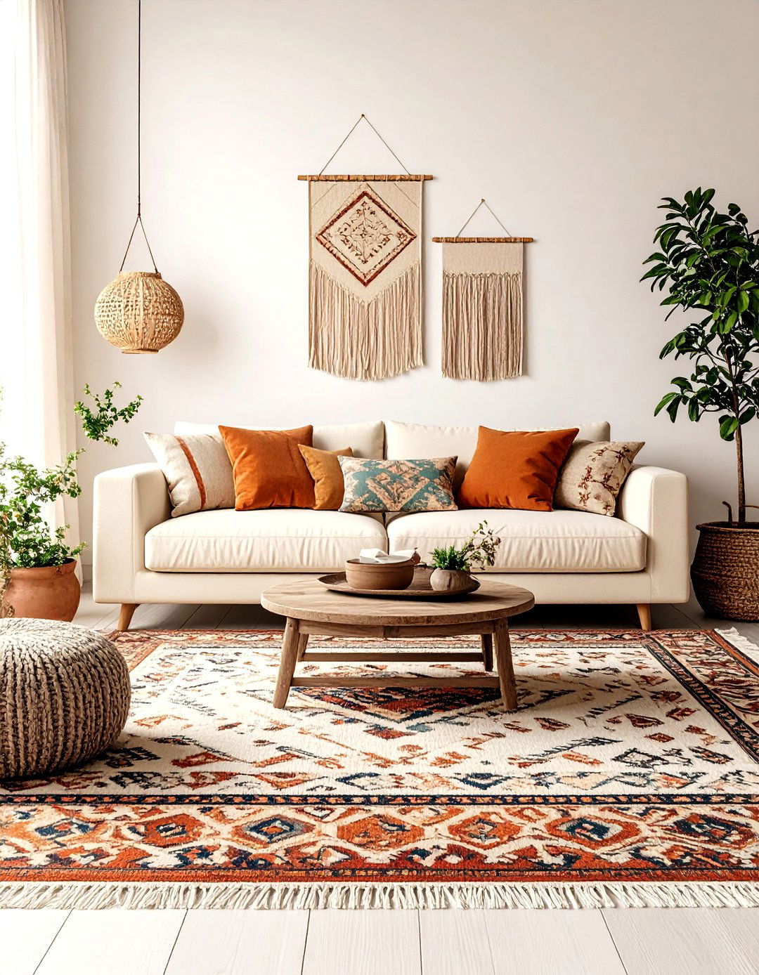 Layer Patterned Rugs Under Cream Seating for Movement - 20 Cream Living Room Ideas