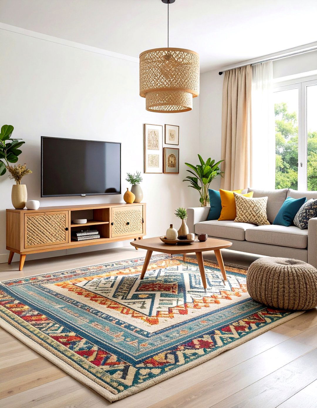 Layer Rugs to Anchor the Console Area - 20 Tv Console Decor Ideas