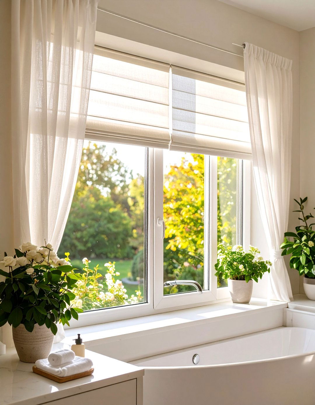 Layer Sheer Drapes over Blinds for Hotel Suite Luxury - 20 Bathroom Window Treatment Ideas