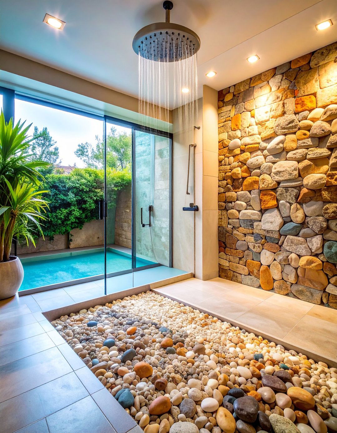 Layer Stones for a Bold Rustic Effect - 20 Rustic Walk-in Shower Ideas
