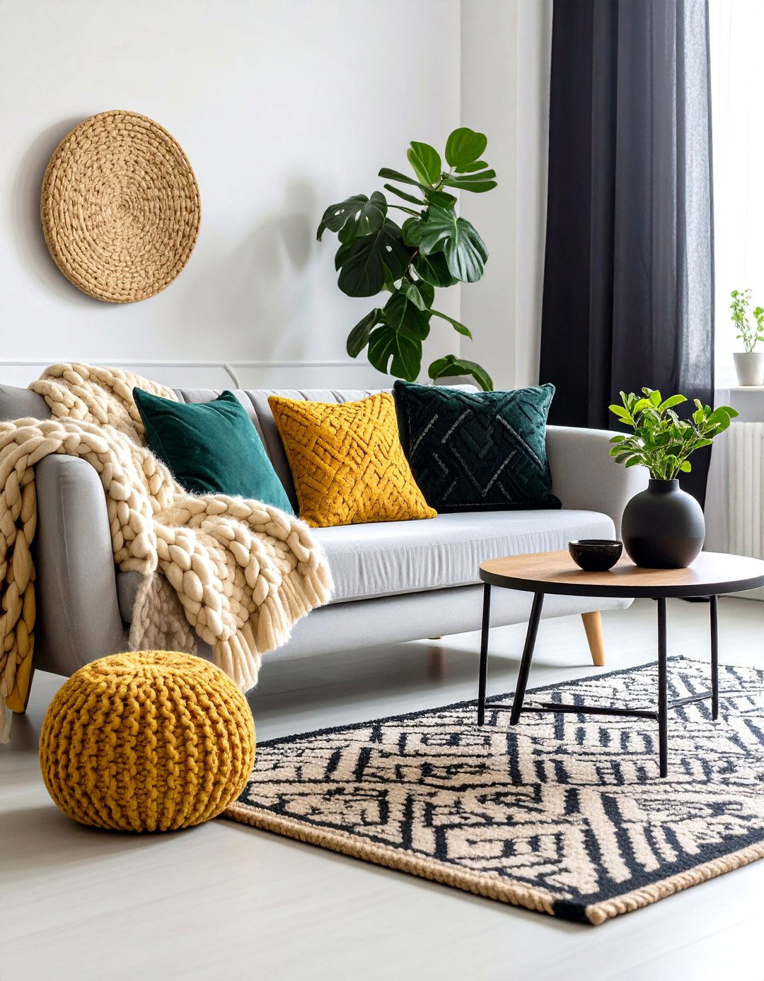 Layer Textures to Warm the Living Room - 20 Black and White Living Room Ideas
