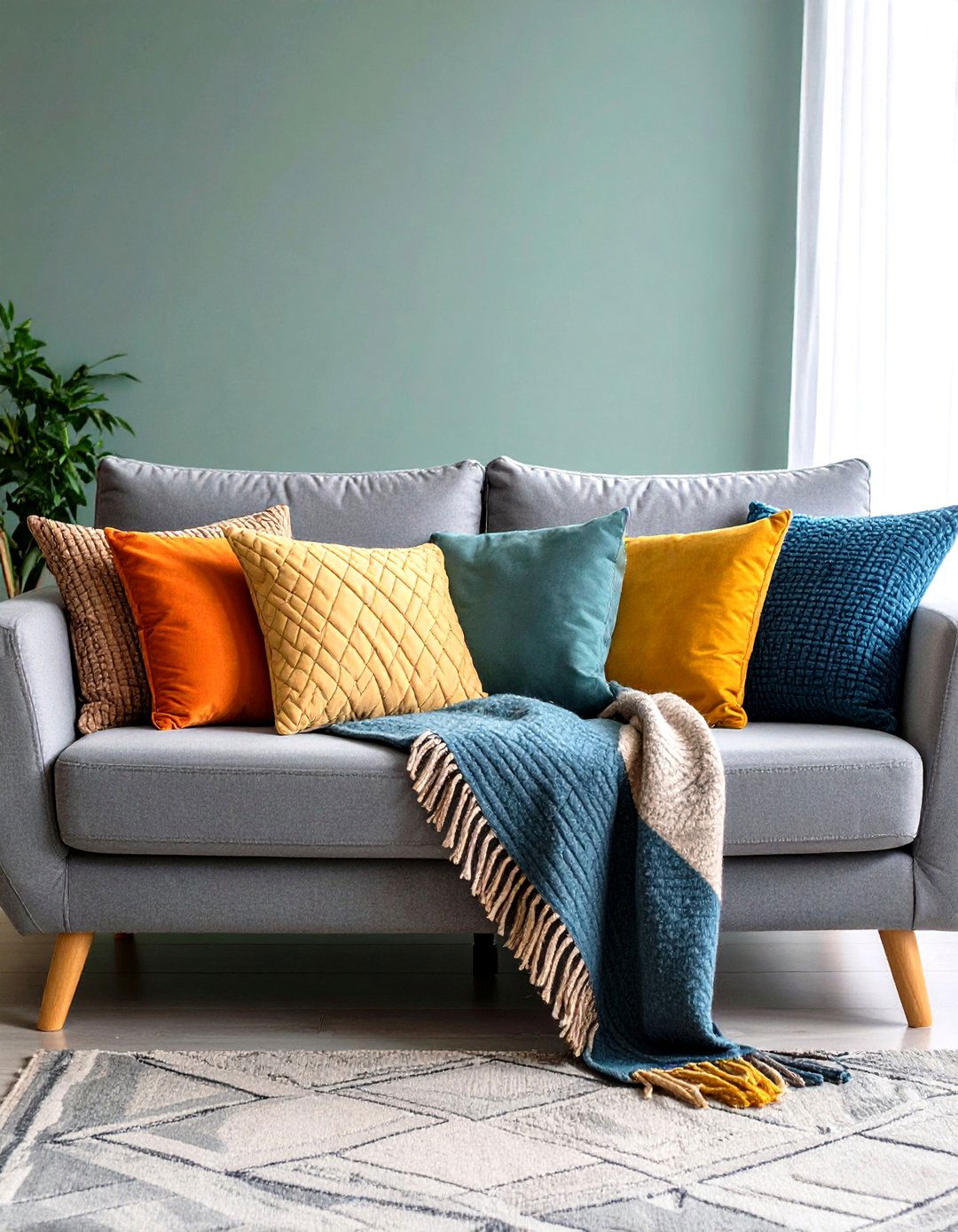Layer Vibrant Throws and Pillows on Your Grey Couch - 20 Grey Couch Living Room Ideas