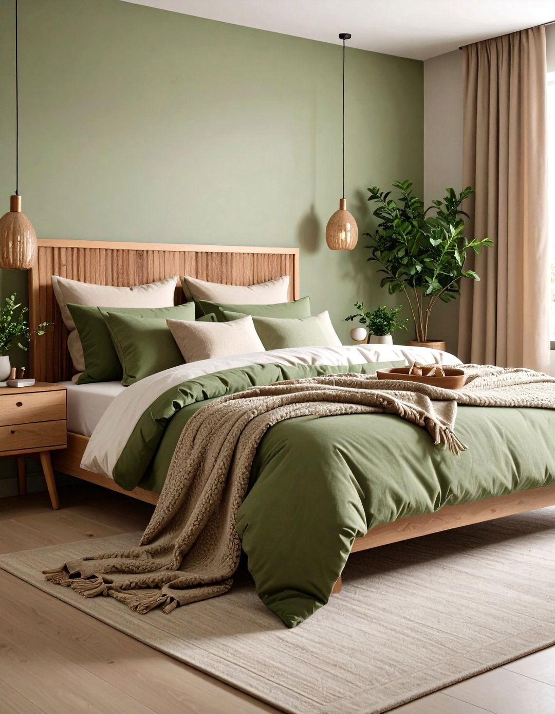 Layered Bedding for a Cozy Green and Beige Bedroom - 20 Green and Beige Bedroom Ideas