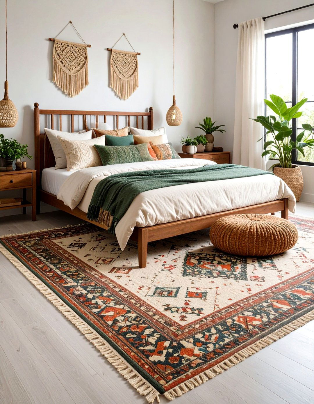 Layered Boho Rugs Ground the Palette - 20 Green Boho Bedroom Ideas