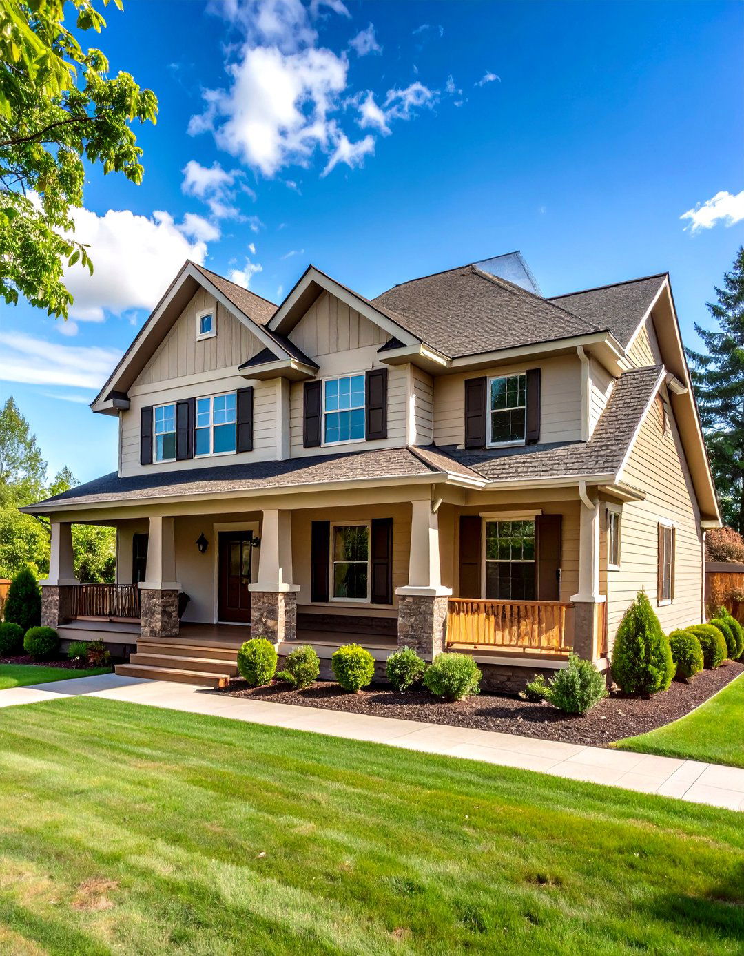 Layered Brown Roof over Soft Cream Faade House Exterior - 20 Cream and Brown House Exterior Ideas
