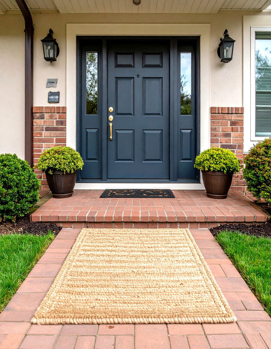 Layered Front Door Mat over Patterned Outdoor Rug - 20 Front Door Mat Ideas