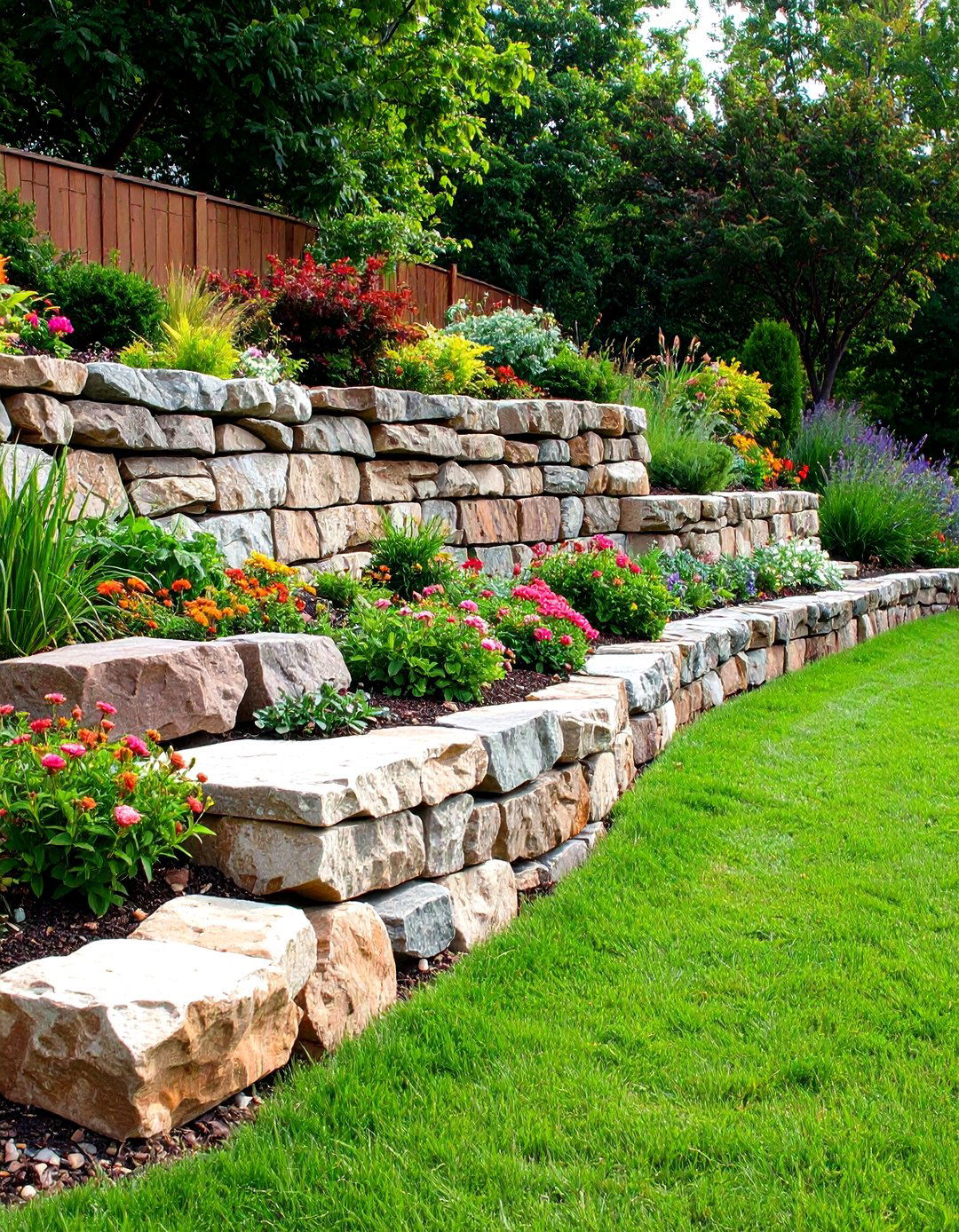 Layered Height River Rock Edging Design - 20 River Rock Edging Ideas