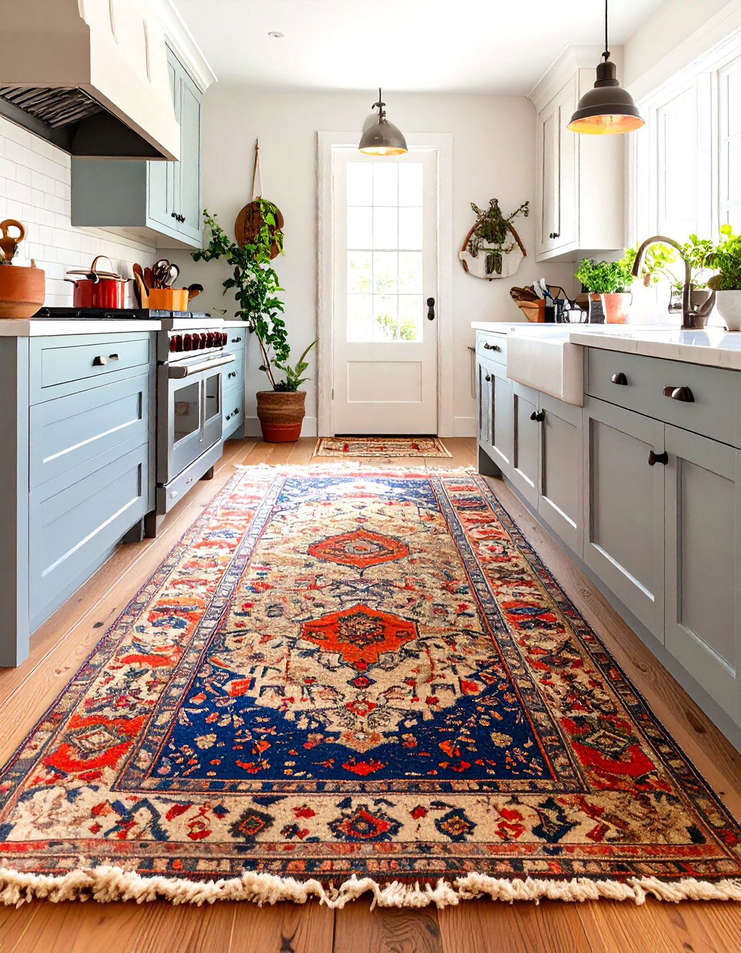 Layered Kitchen Rugs for Cushion and Color - 20 Cozy Kitchen Ideas