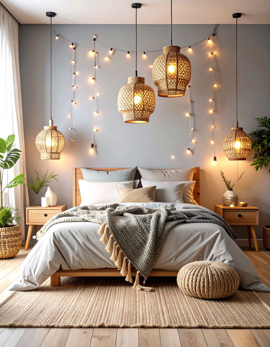Layered Lantern and Fairy Lit Ambience in the Grey Boho Bedroom - 20 Grey Boho Bedroom Ideas