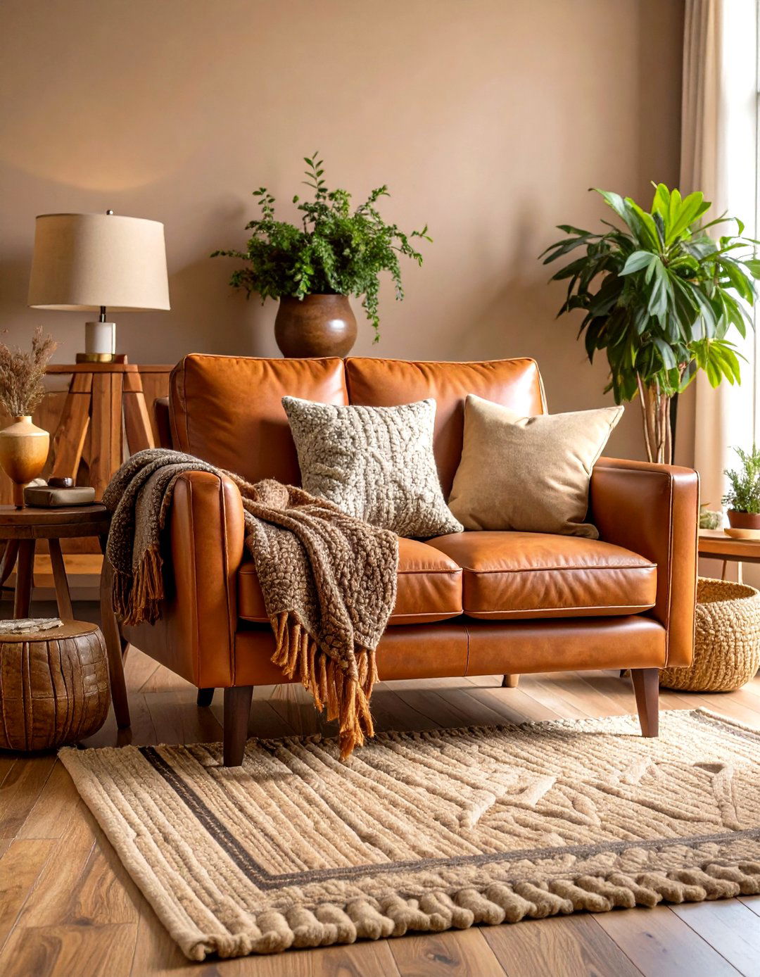 Layered Leather and Wool Throws for Tactile Depth - 20 Earthy Living Room Decor Ideas