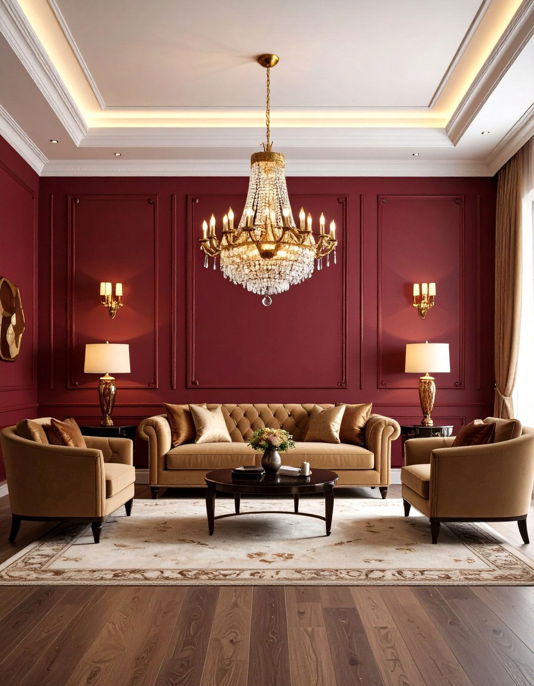 Layered Lighting Burgundy Lounge - 20 Burgundy Living Room Ideas