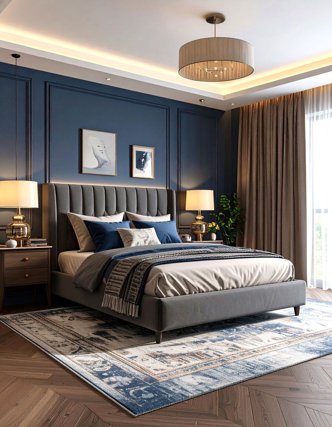 Layered Lighting Plan for a Dark Blue Bedroom - 20 Dark Blue Bedroom Ideas