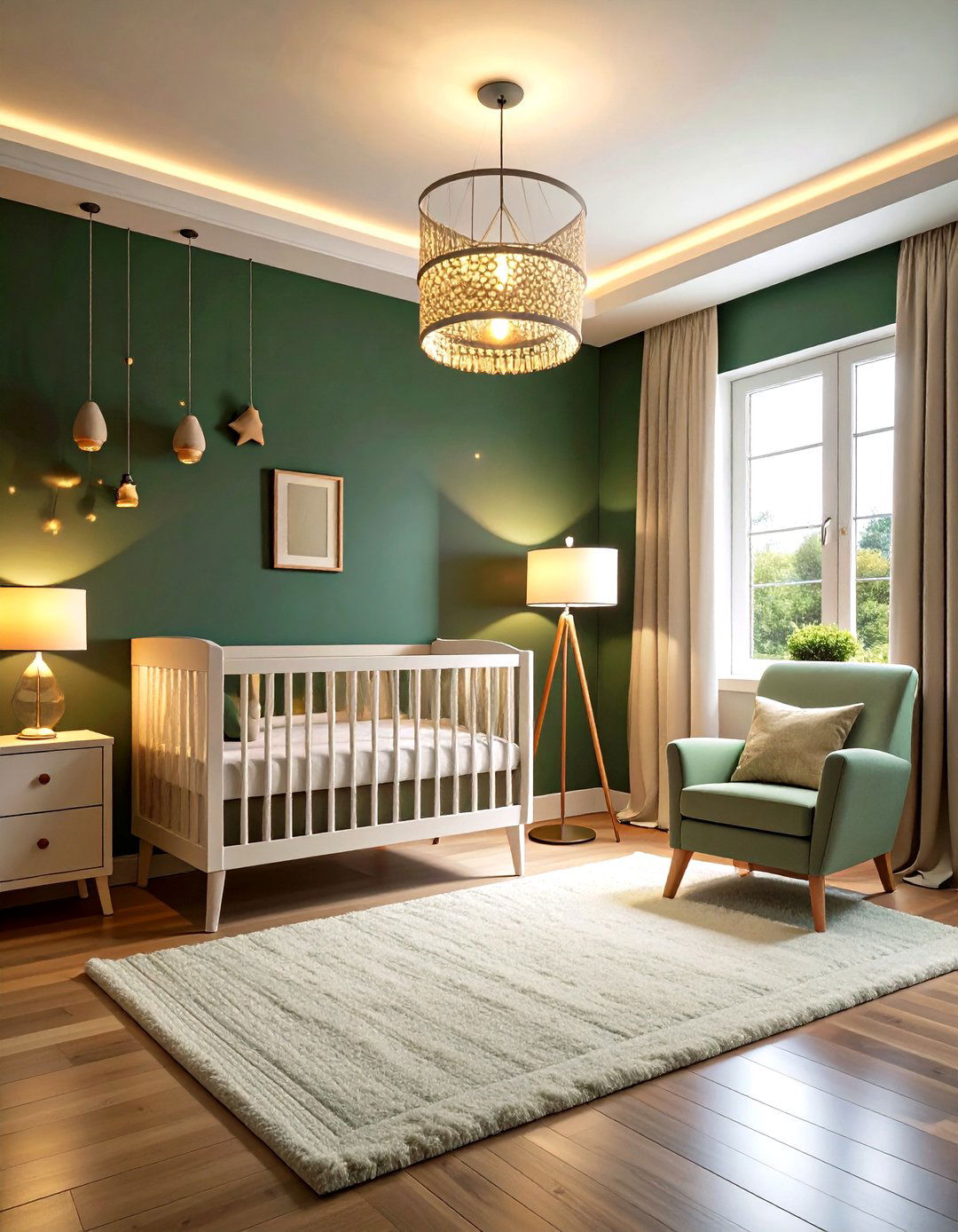Layered Lighting Plan in a Dark Green Nursery - 20 Dark Green Nursery Ideas