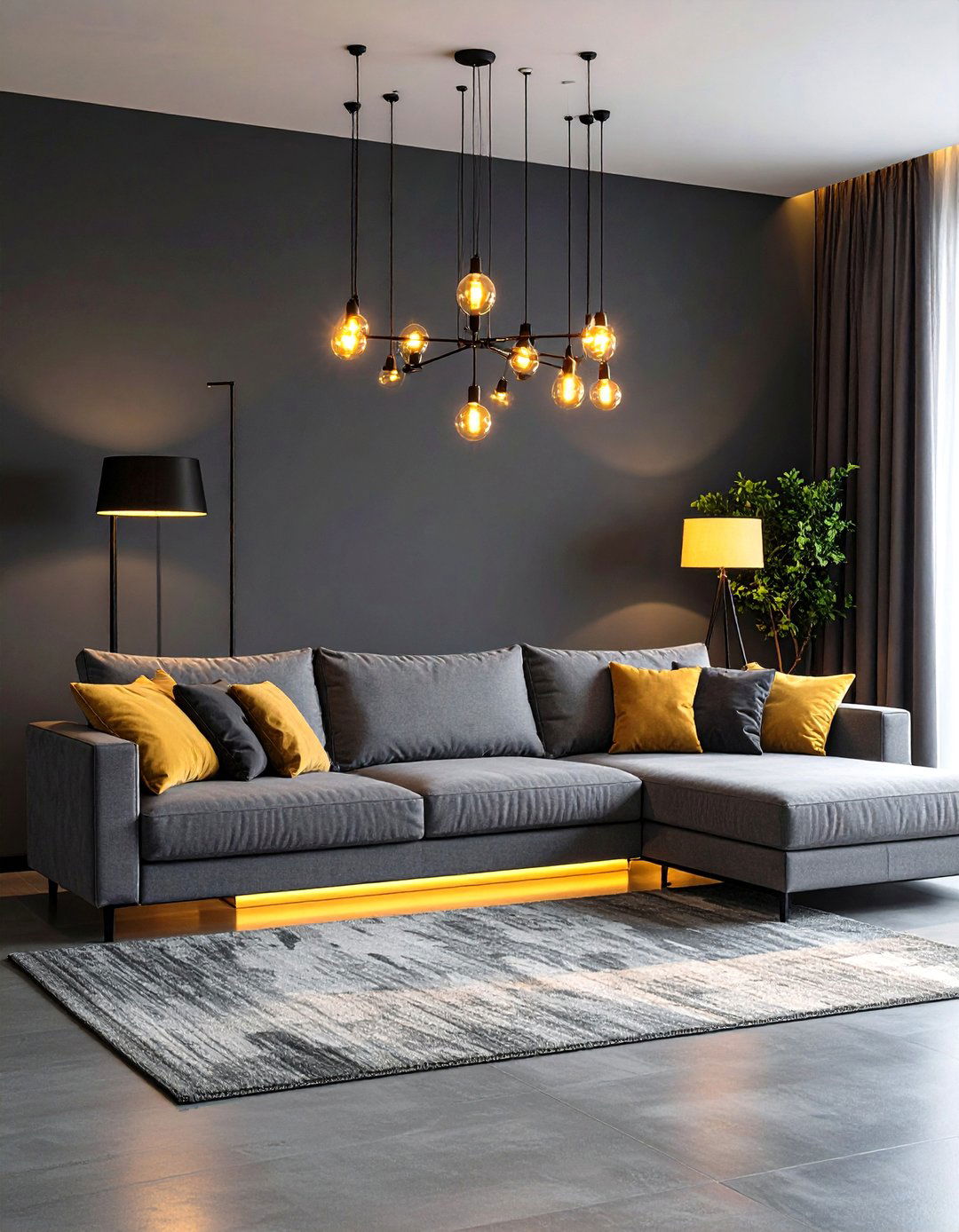 Layered Lighting Scheme around Grey Sectional - 20 Grey Sectional Living Room Ideas
