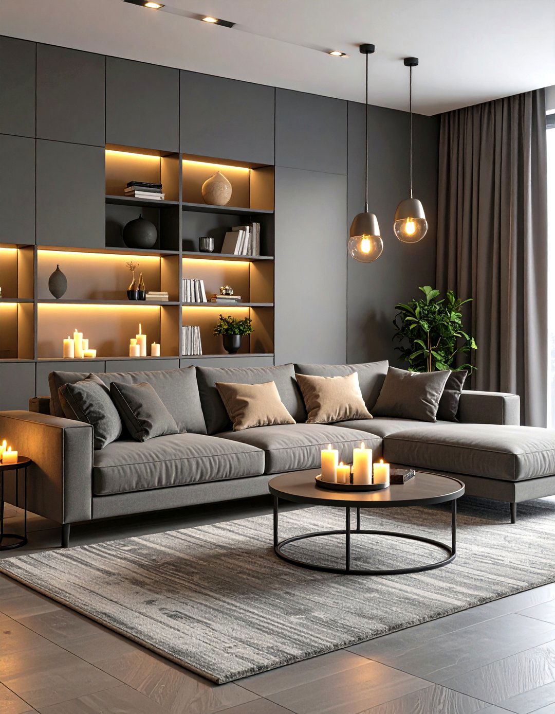 Layered Lighting Softens a Cool Gray Living Room - 20 Gray Living Room Ideas
