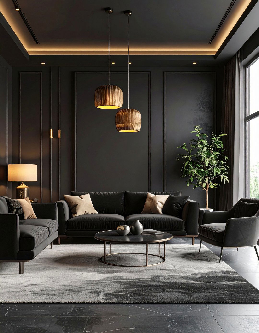 Layered Lighting That Softens a Black Living Room - 20 Black Living Room Ideas