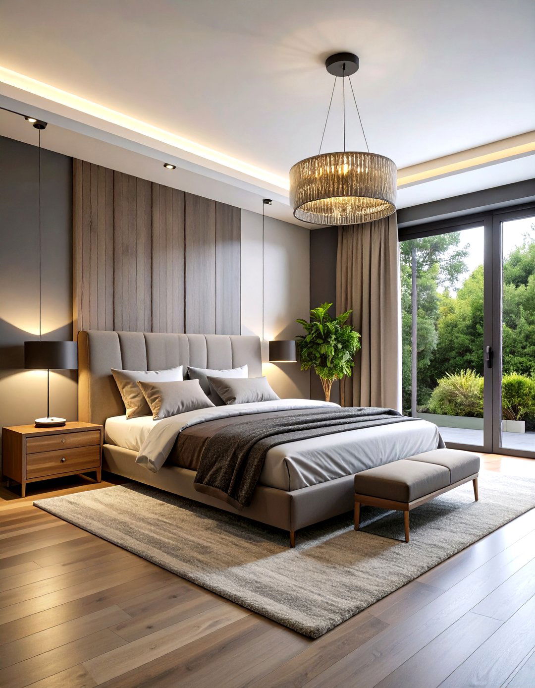 Layered Lighting Warms the Palette - 20 Dark Grey Bedroom Ideas