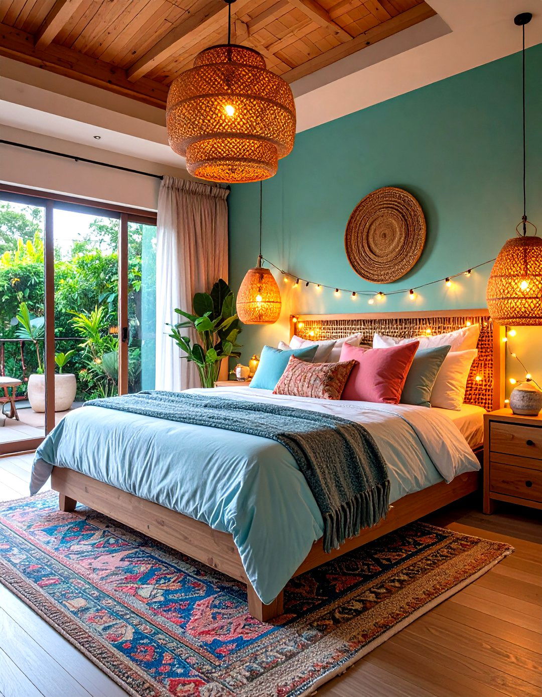 Layered Lighting for Evening Ambience - 20 Green Boho Bedroom Ideas