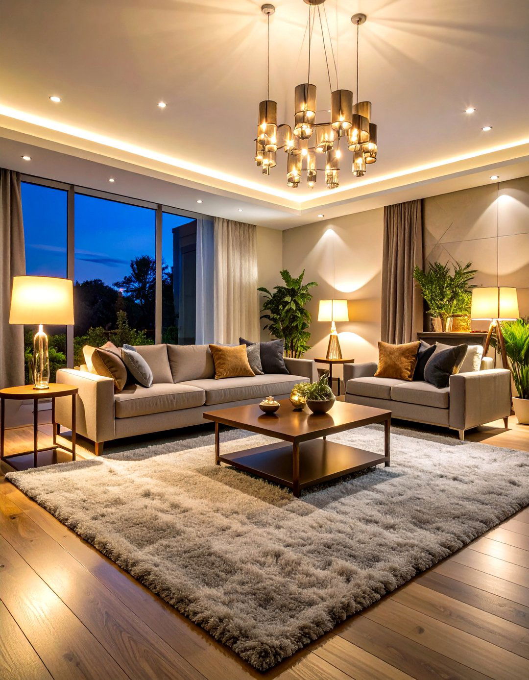 Layered Lighting on Grey Carpet for Evening Drama - 20 grey carpet living room ideas