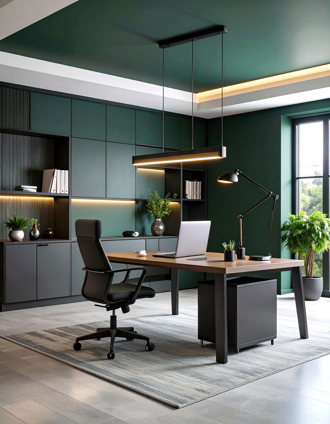 Layered Lighting to Prevent Cave Syndrome - 20 Dark Green Office Ideas and Inspiration