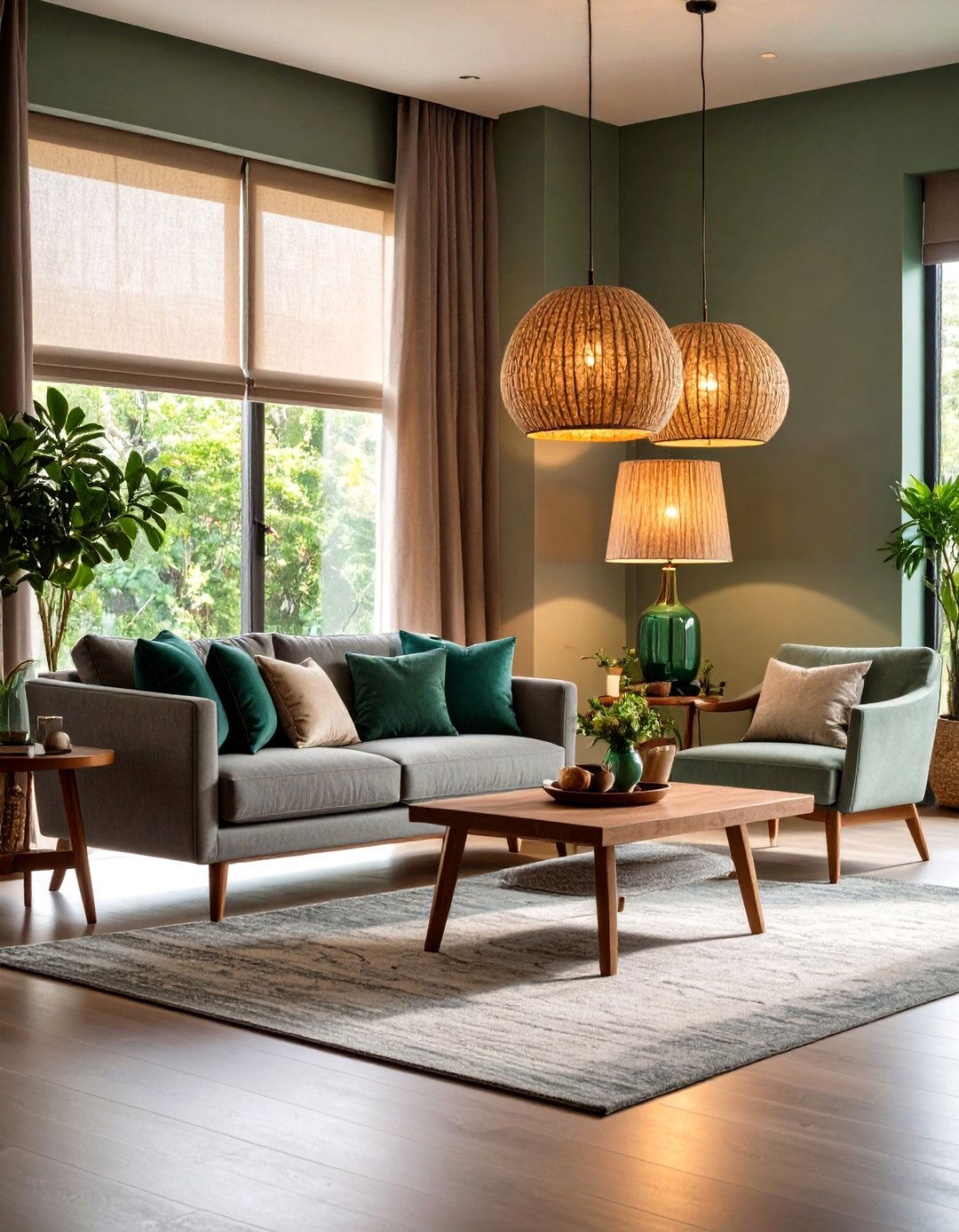 Layered Lighting with Green Tinted Glass Lamps - 20 Green and Grey Living Room Ideas