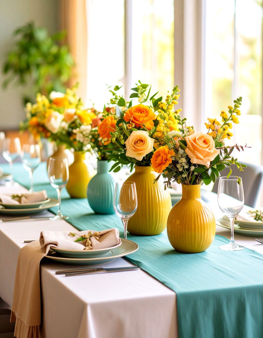 Layered Linen Runner with Bud Vases - 20 Dining Table Centerpiece Ideas