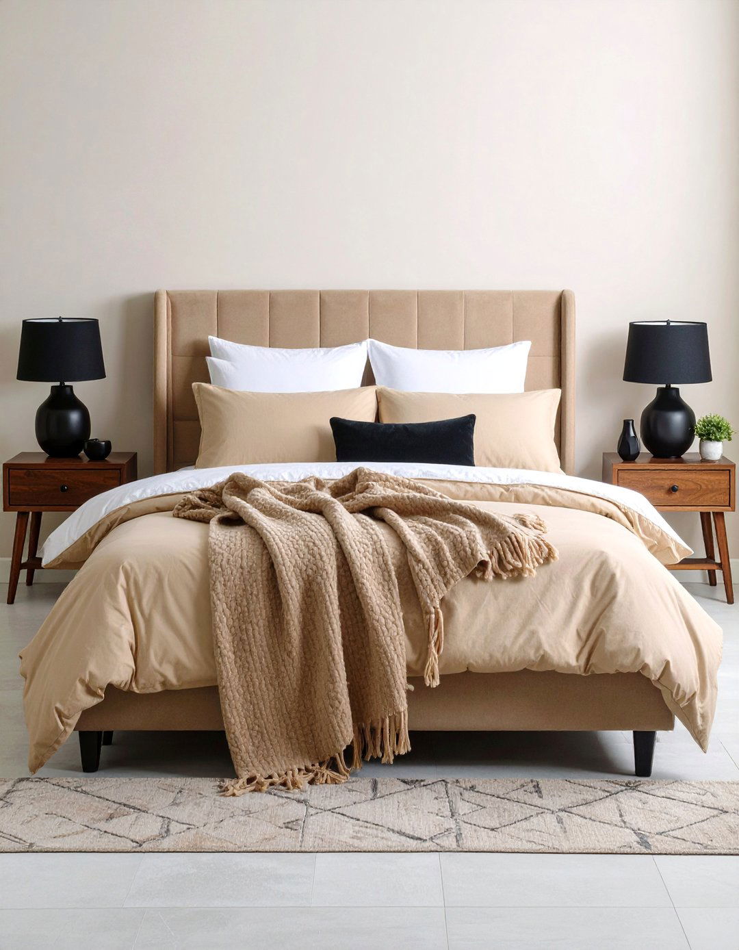 Layered Monochrome Textiles - 20 Black and Beige Bedroom Design Ideas