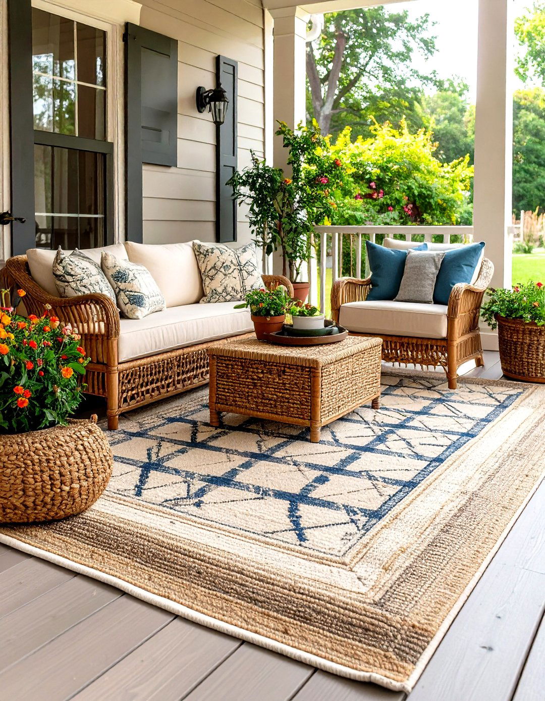 Layered Outdoor Rugs for Soft Country Texture on the Farmhouse Porch - 20 Farmhouse Porch Ideas
