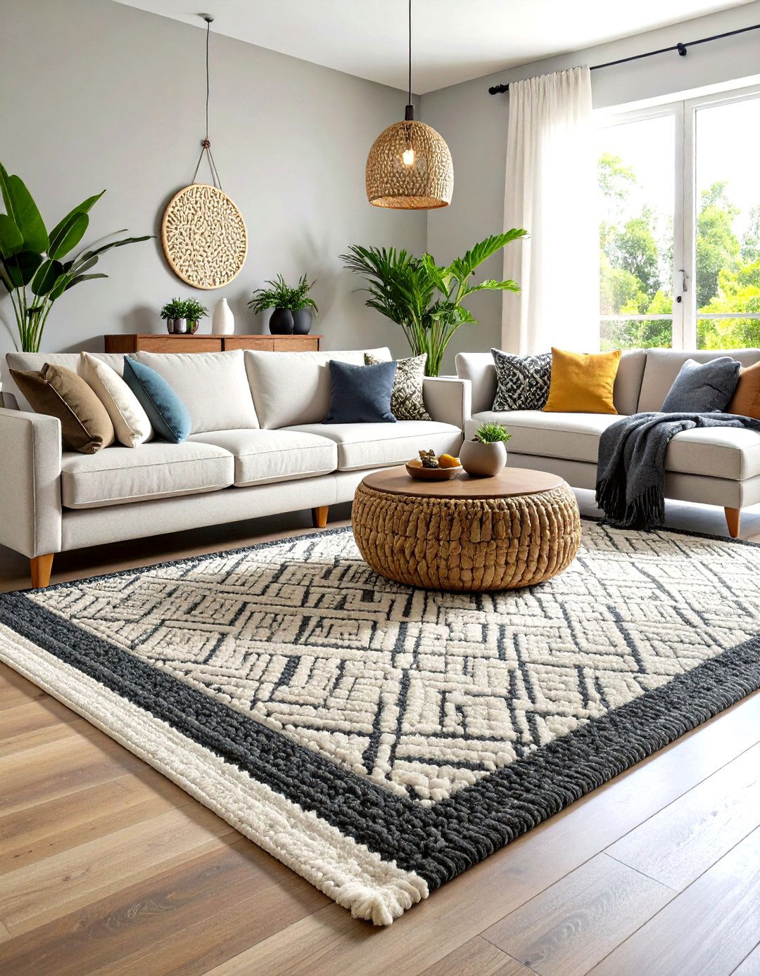 Layered Rugs Anchor a Grey and White Living Room - 20 Grey and White Living Room Ideas