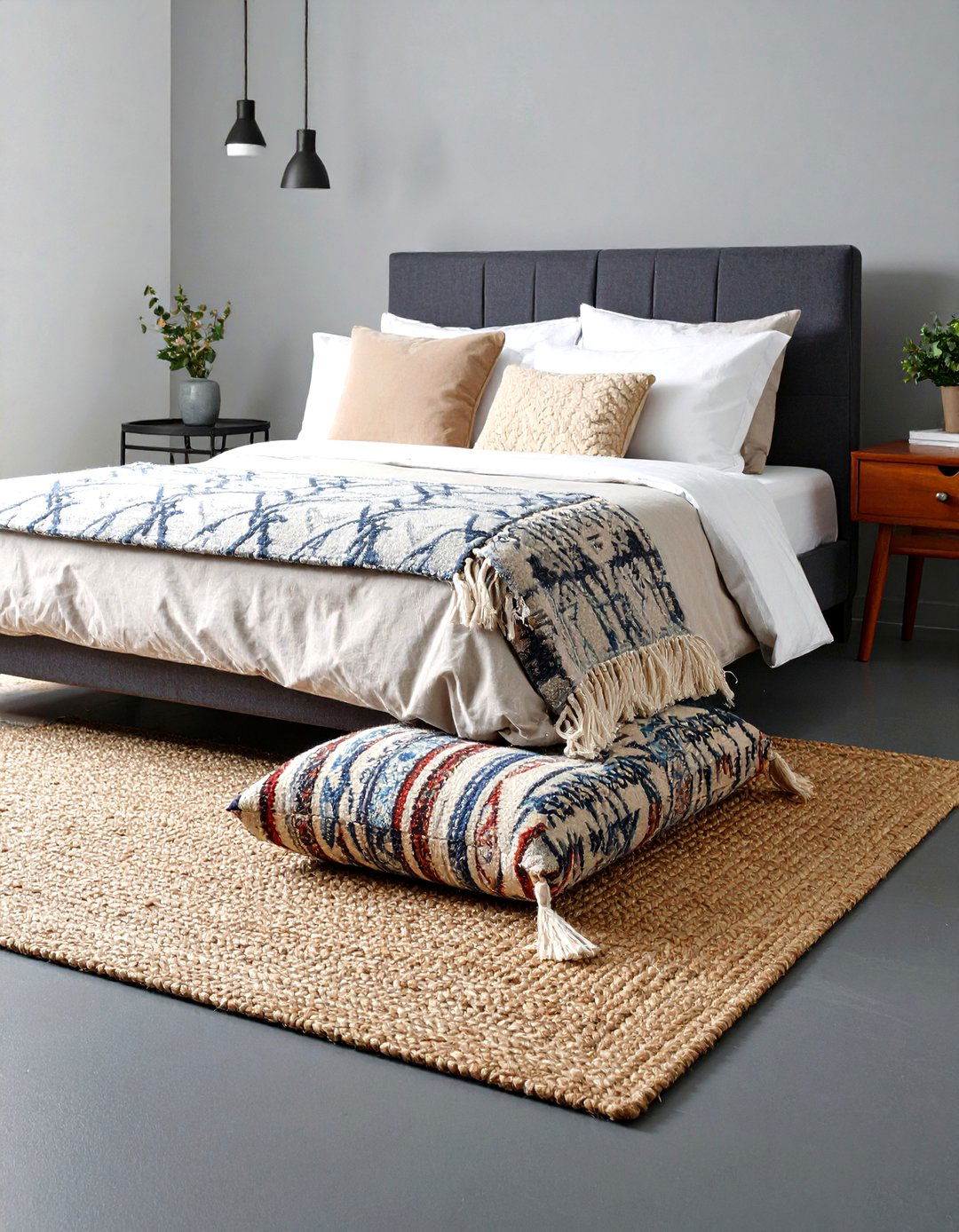 Layered Rugs Ground the Palette - 20 Dark Grey Bedroom Ideas