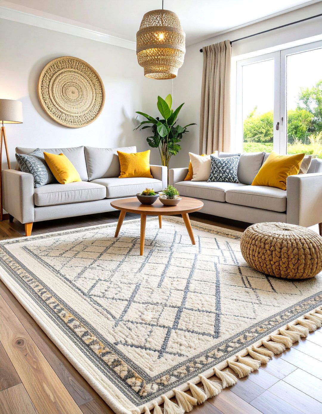 Layered Rugs Grounding a Grey and Cream Living Room - 20 Grey and Cream Living Room Ideas